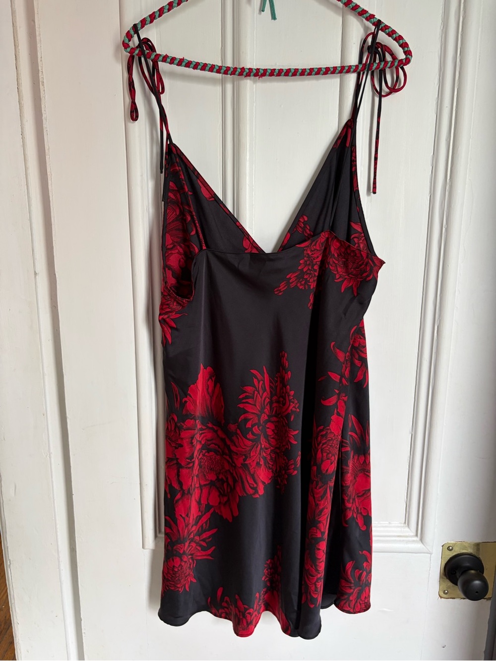 Black Slip Dress with Red Floral Print and Tie Straps - Picture 5 of 7